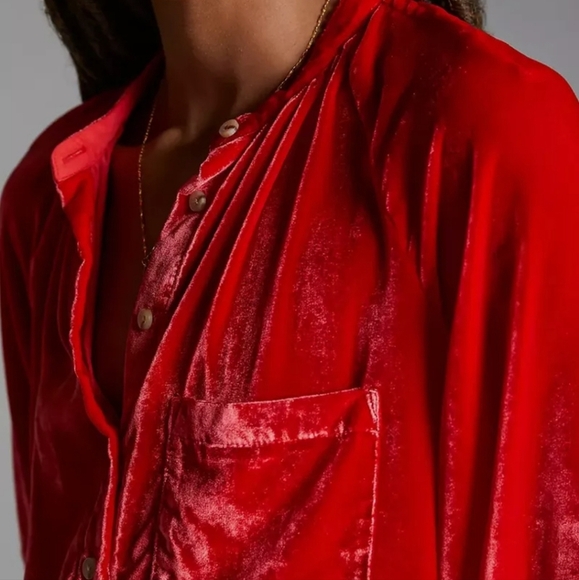 Anthropologie Pilcro Puff-Sleeved Velvet Buttondown Red/Rouge Size Medium - Picture 3 of 12
